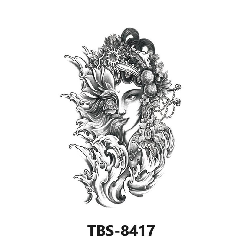 Waterproof temporary tattoo stickers, full sleeve geisha temporary tattoo stickers, large image, black and white, color, full sleeve tattoo, 1 piece.